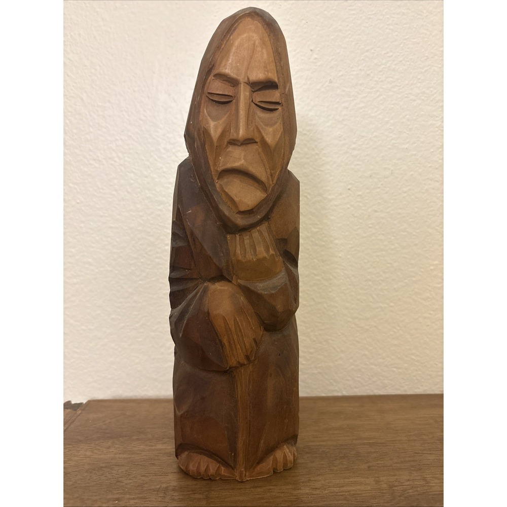 Vintage Poland 10" Wood Folk Art Carving Figure Grandma Marked 1974